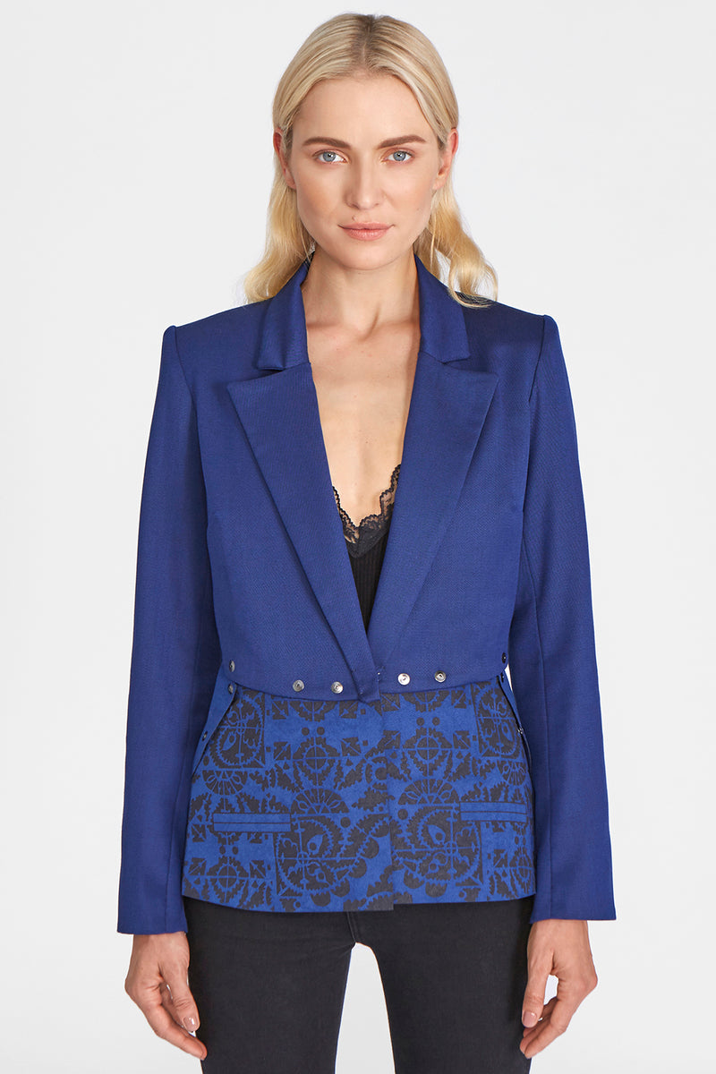 Popper jacket with laser cut peplum in blue luxury worsted wool