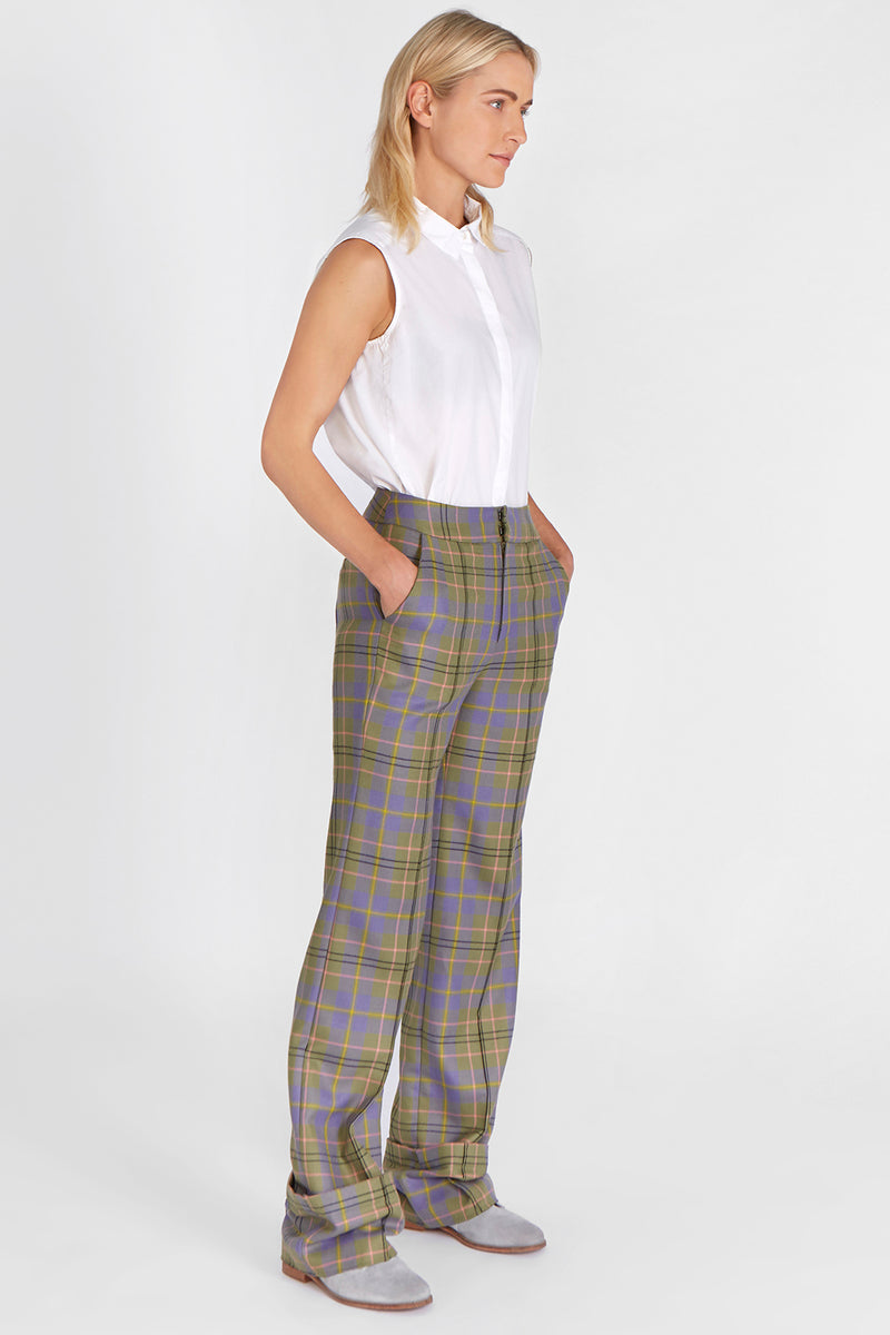 Tailored Trouser in lilac & green Scottish tartan 100% wool – Cleo