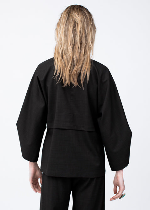 Kimono Shirt in black fine wool from Savile Row
