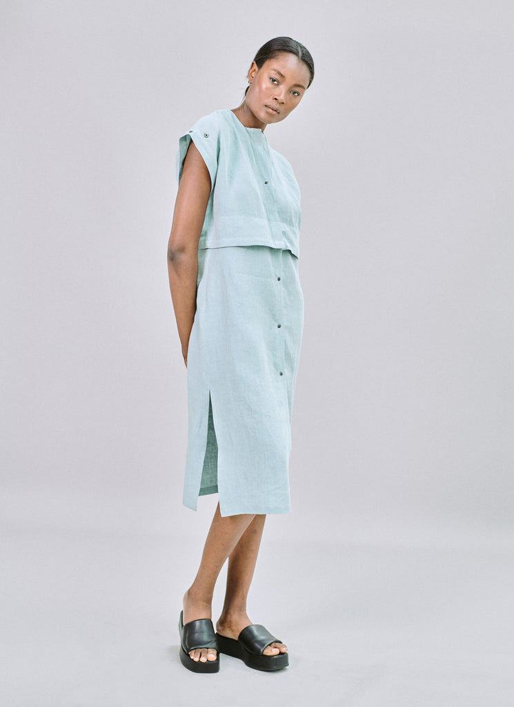 East meets West dress in vintage green Irish linen Cleo Prickett East meets West dress in vintage green Irish linen Cleo Prickett