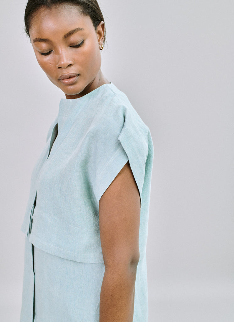 East meets West dress in vintage green Irish linen Cleo Prickett East meets West dress in vintage green Irish linen Cleo Prickett