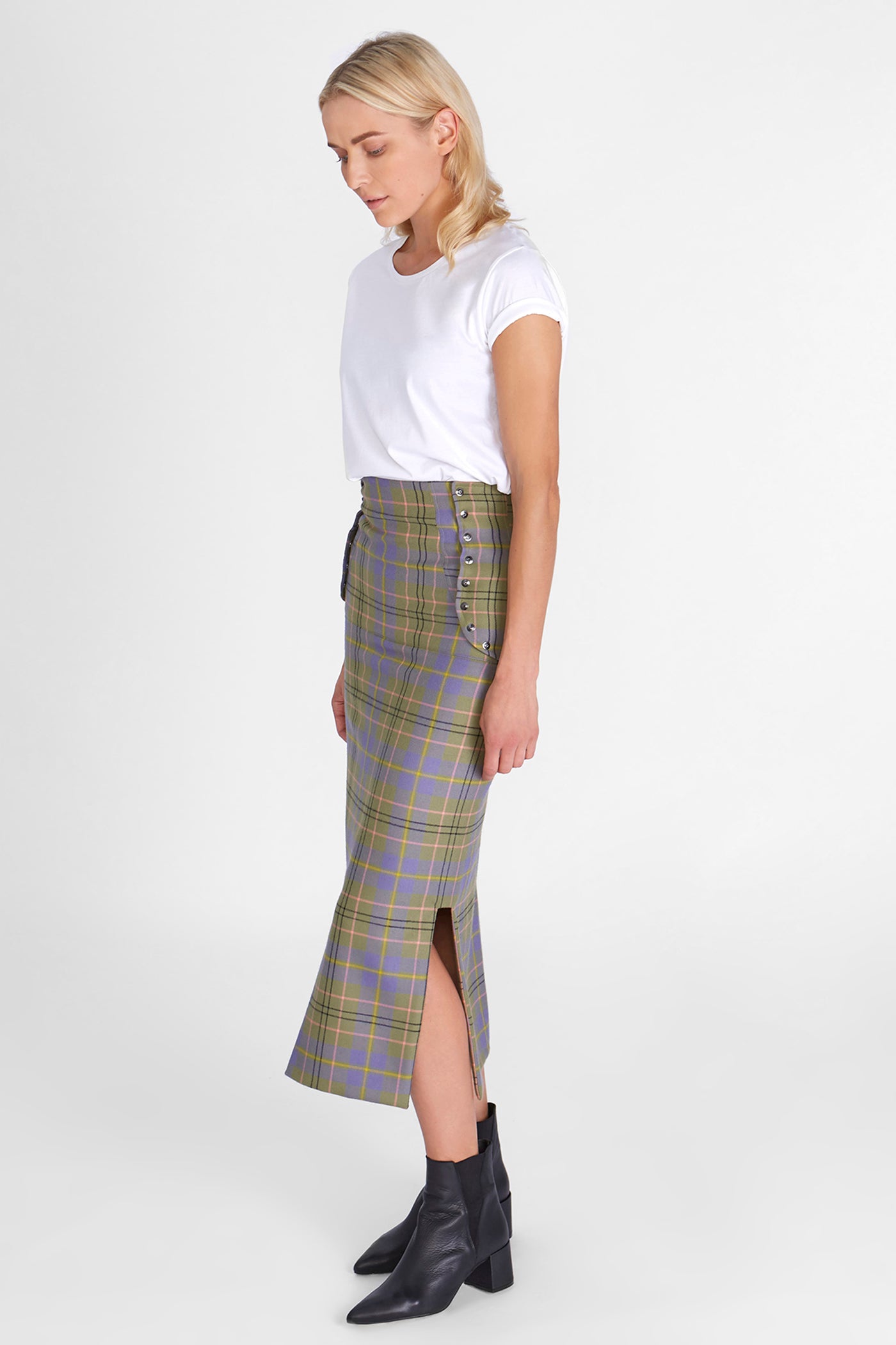 Dual high-waisted skirt in lilac green Scottish tartan 100% wool