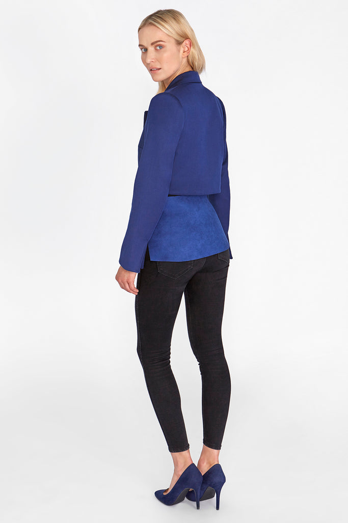 Popper jacket with laser cut peplum in blue luxury worsted wool & faux engraved suede
