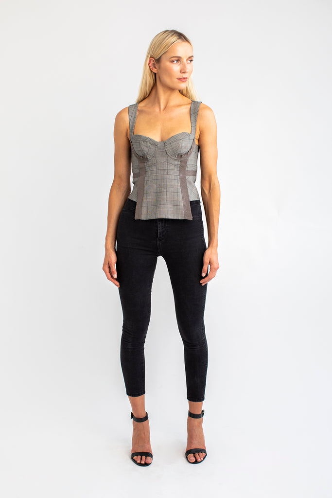 CLE bustier in check luxury fine wool from Savile Row, London