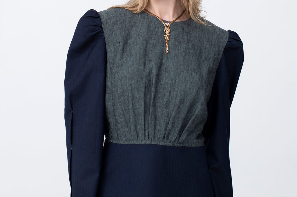 Power sleeve tailored top in Irish linen and navy herringbone luxury fine wool