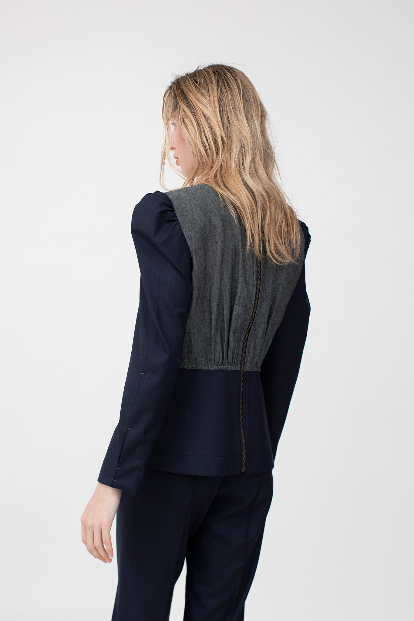 Power sleeve tailored top in Irish linen and navy herringbone luxury fine wool