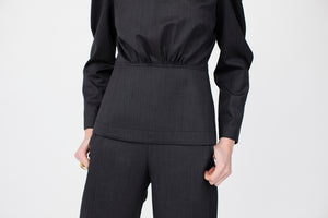 Power sleeve tailored top in charcoal luxury fine wool from Savile Row,  micro herringbone