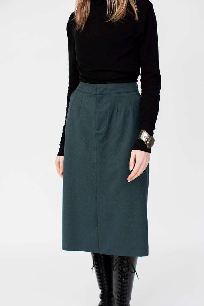 Tailored Skirt in peacock green luxury worsted wool from Savile Row