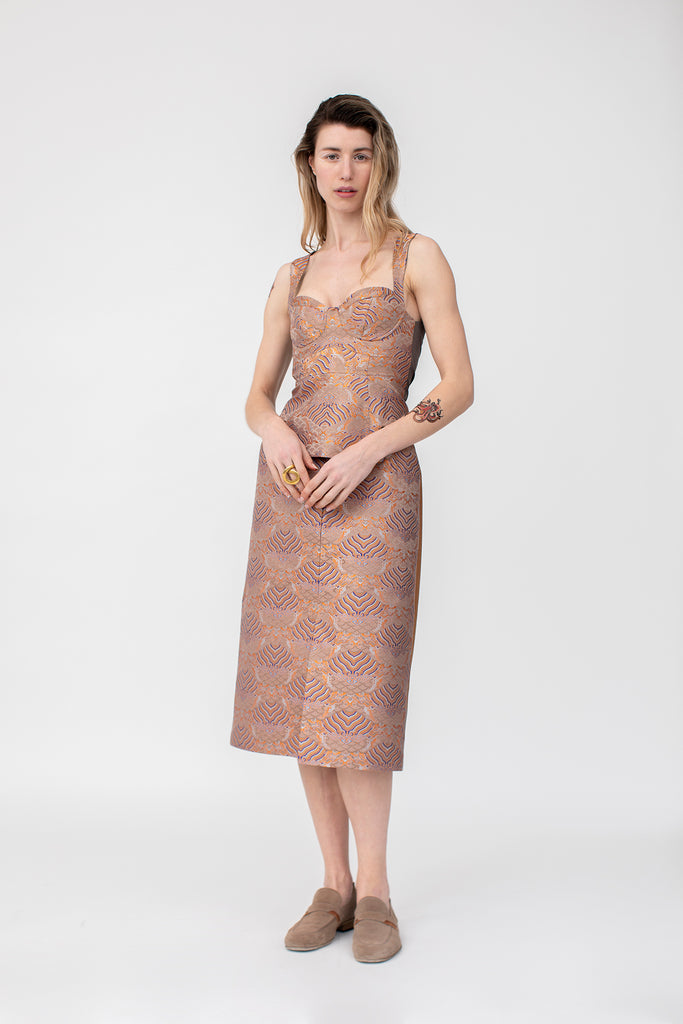 Bonded tailored skirt in asian silk jacquard with contrast clay fine wool from Savile Row